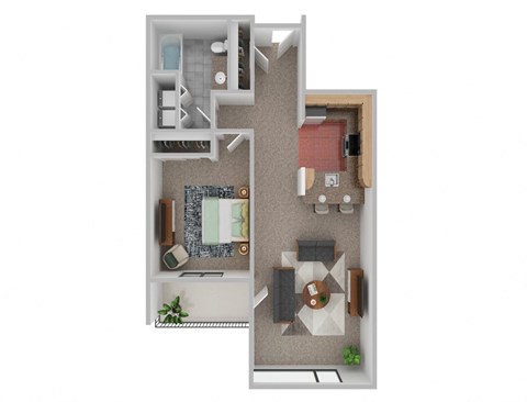 Floor plan for 1 bed, 1 bath, 642 sqft